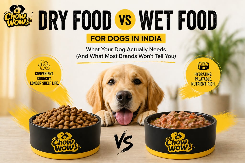 Golden Retriever dog between bowls of Chow Wow dry and wet dog food, explaining their benefits for Indian dogs.