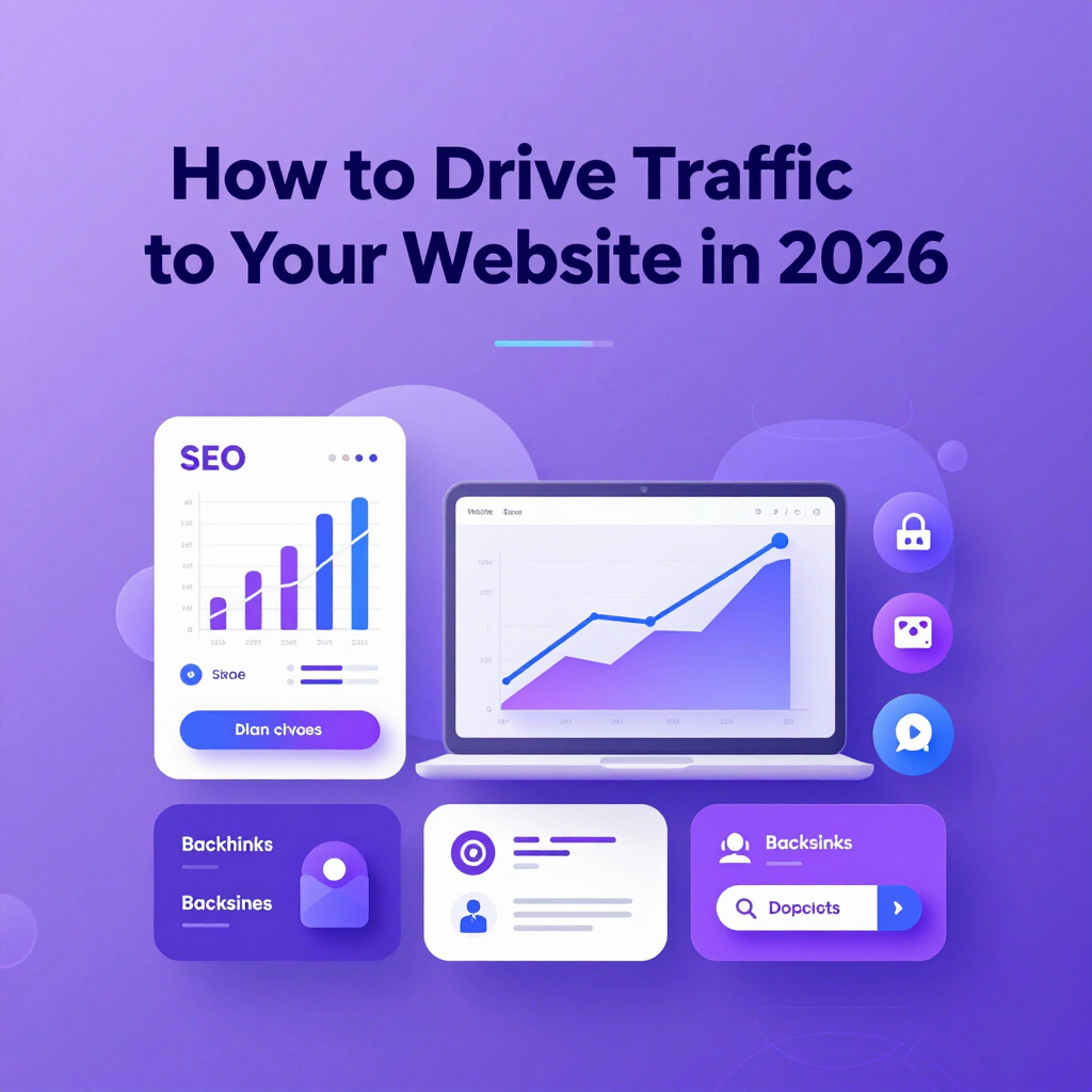 Digital marketing infographic showing SEO strategies and data charts for driving website traffic in 2026.