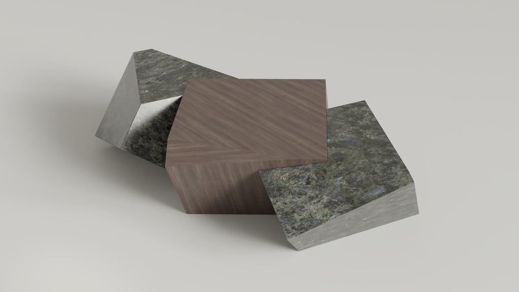 Table basse Pyrite en labradorite et noyer, cubes tronqués imbriqués