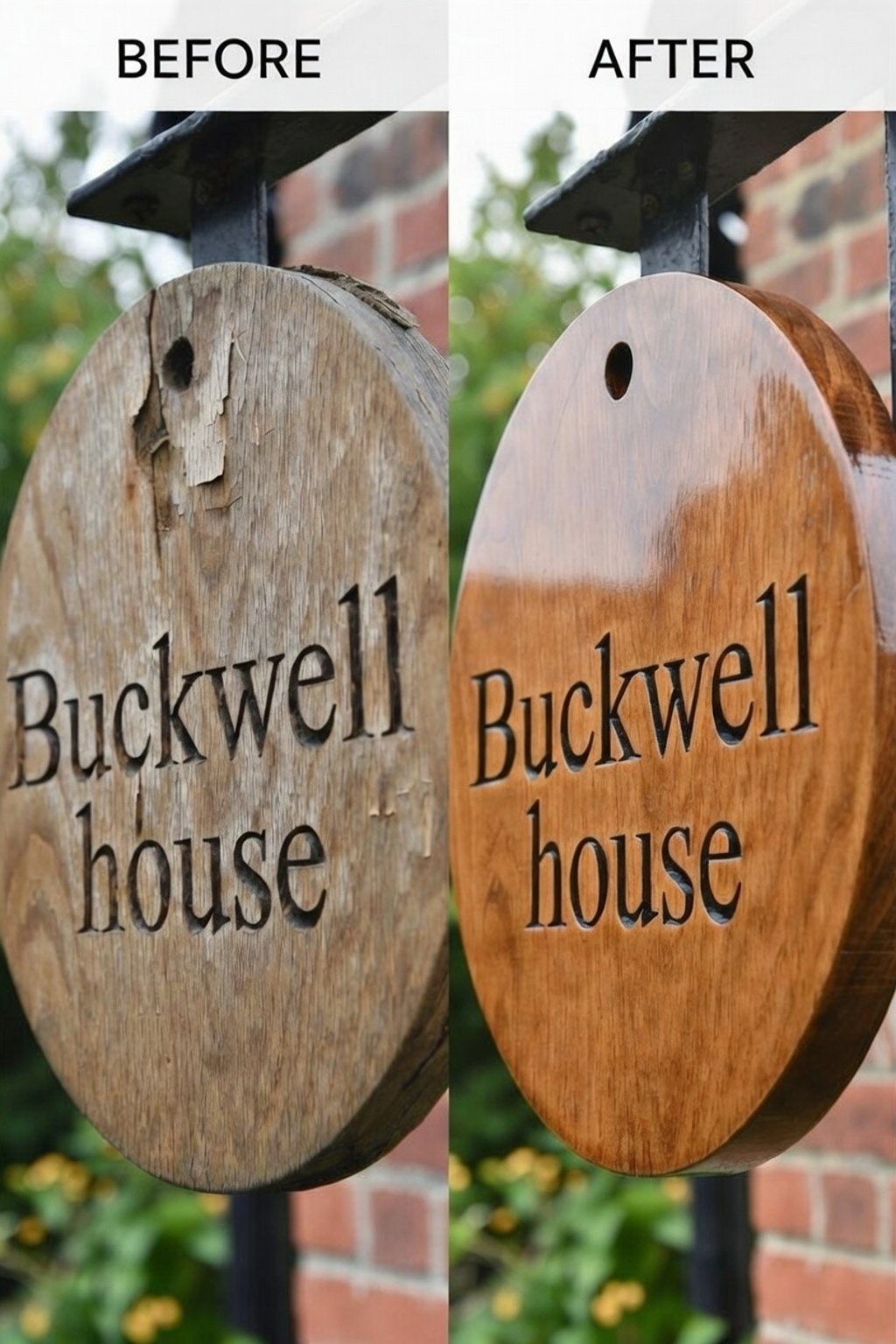 before and after restoration oak house sign