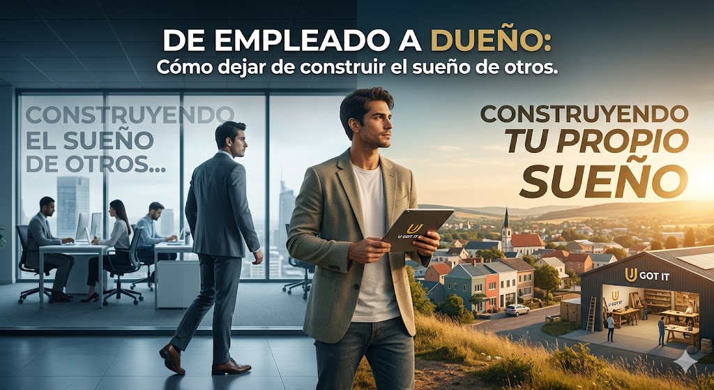 Entrepreneur holding a tablet transitioning from a corporate office to building his own business venture.