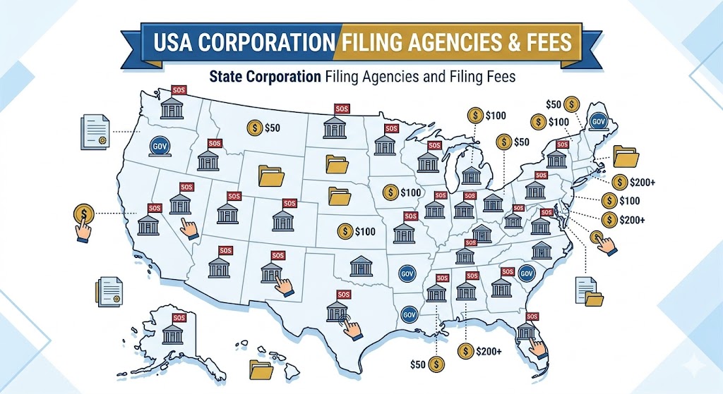 Map of USA corporation filing agencies and state fees showing costs and Secretary of State icons.
