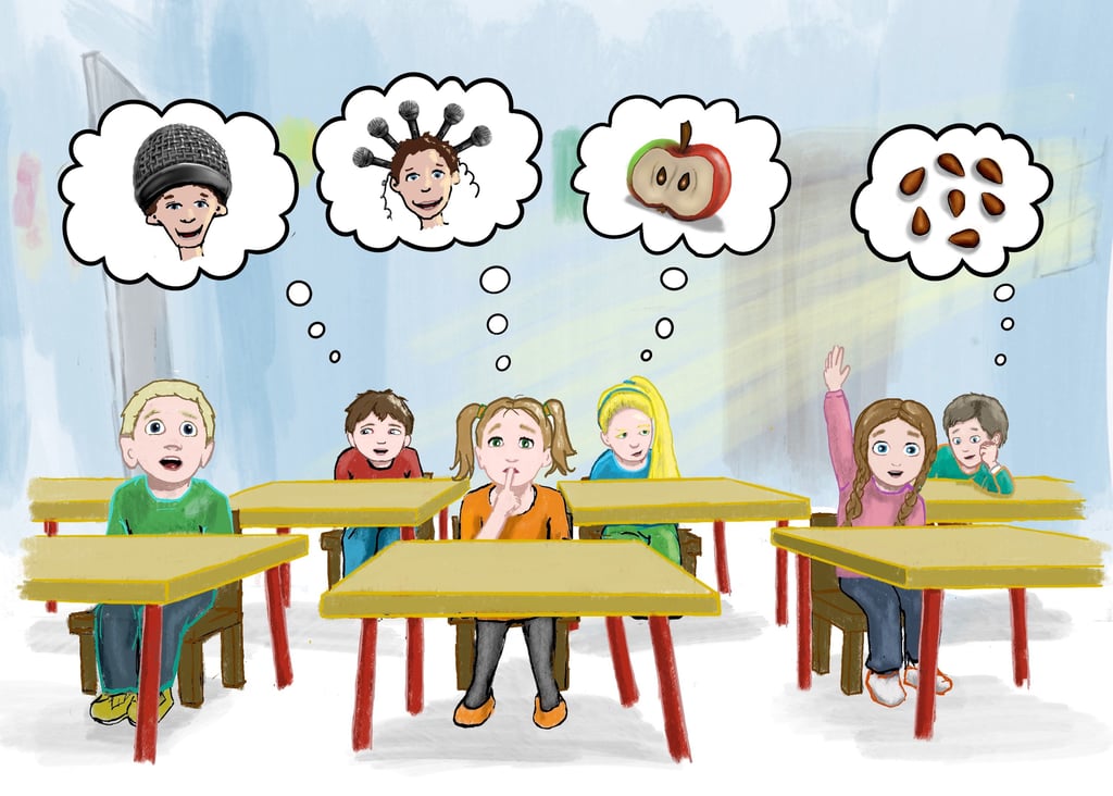 Classroom illustration showing students with thought bubbles of an apple, seeds, and headgear.