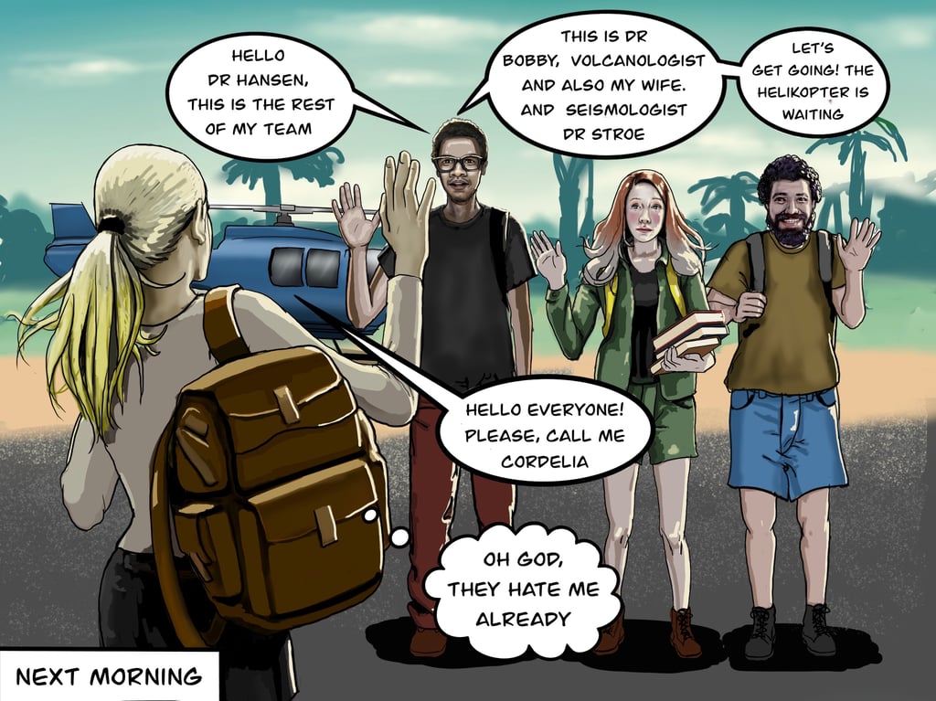 Comic illustration of a research team meeting near a helicopter for a scientific expedition.