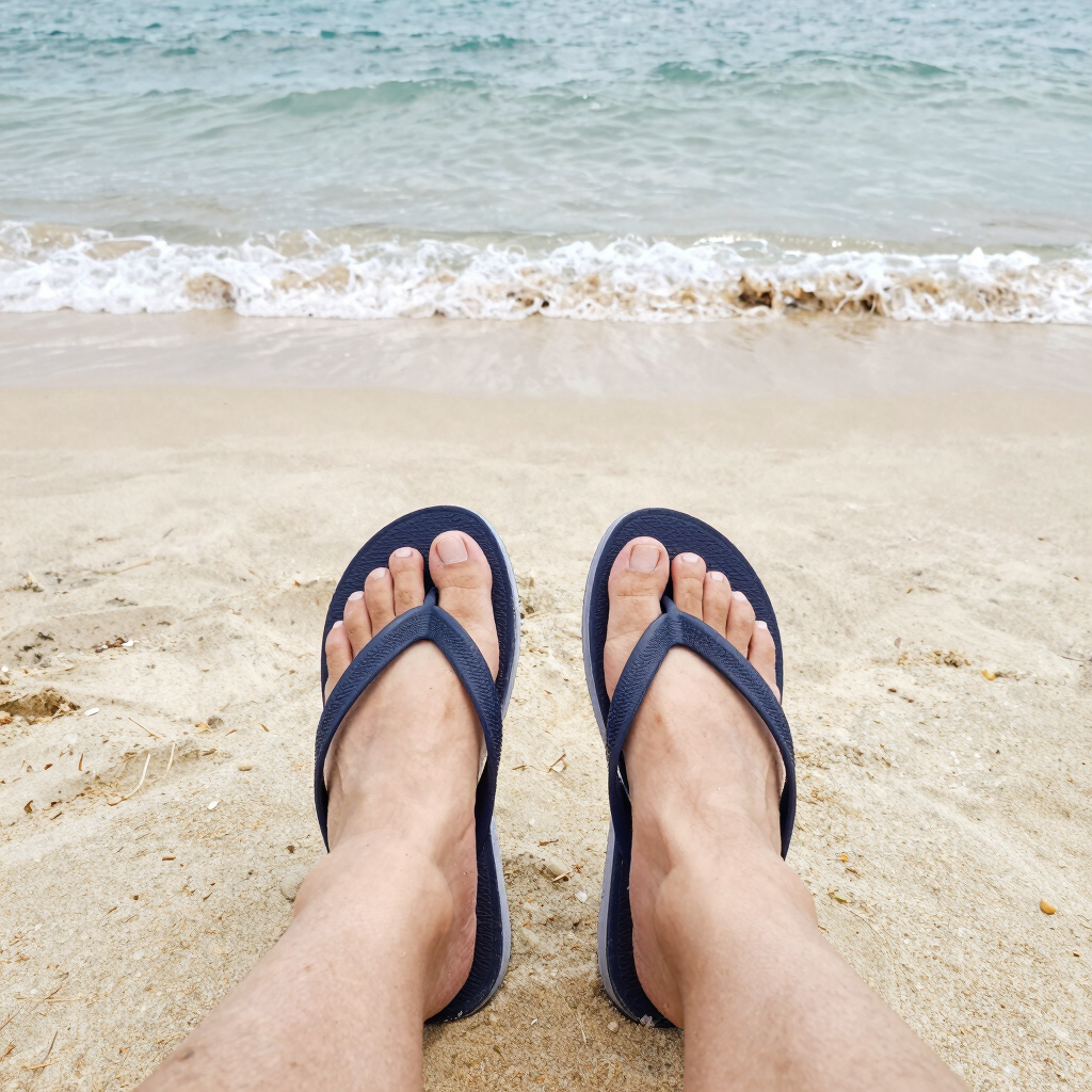 Person wearing navy blue flip flops on a sandy tropical beach with ocean waves.