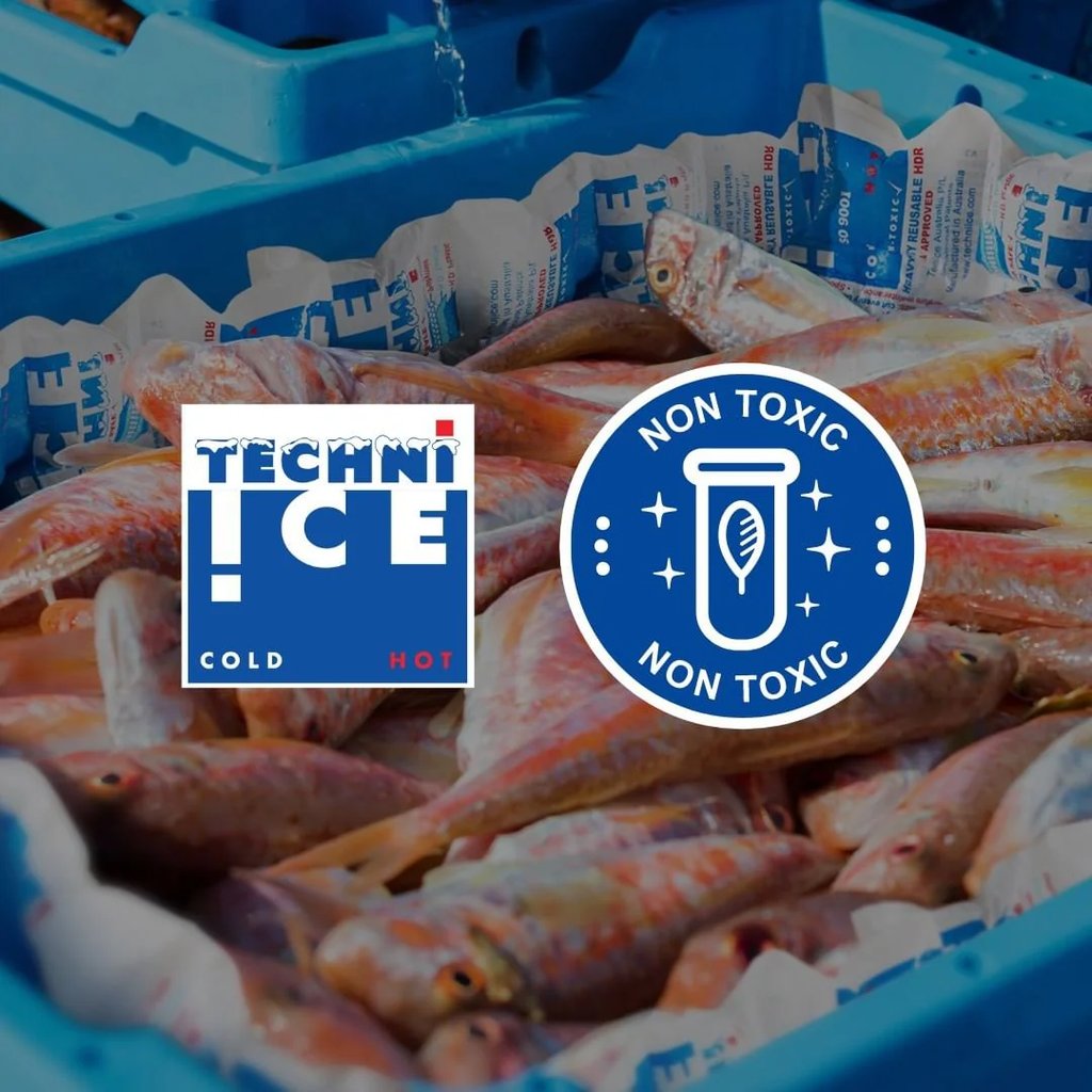 Techni Ice non-toxic reusable gel ice packs keeping fresh raw fish cold in a transport crate.