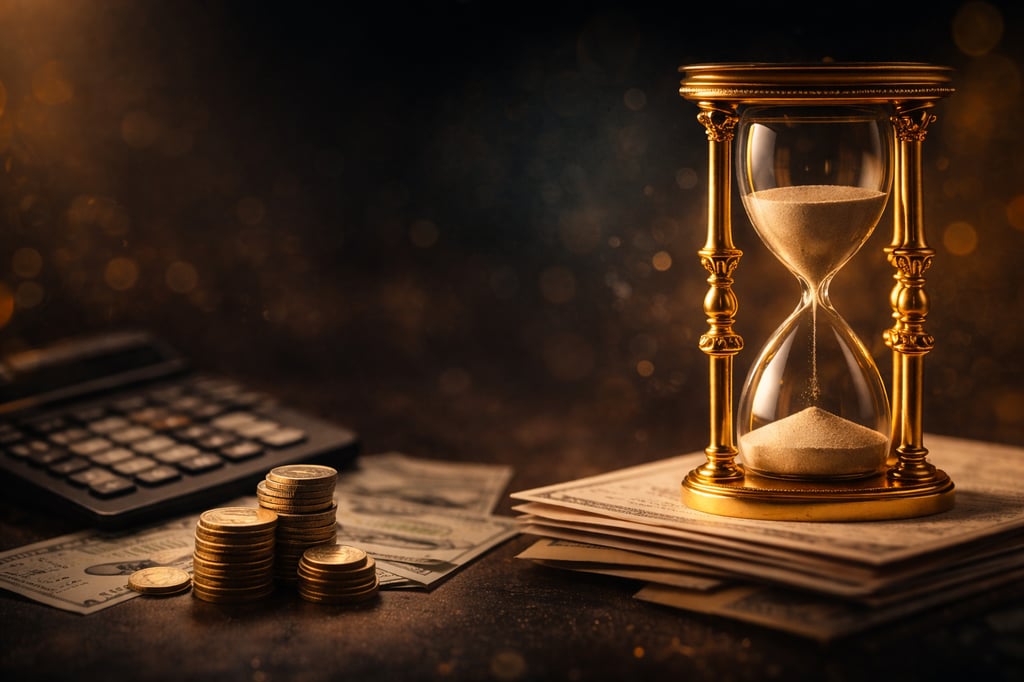 Ampulheta dourada sobre dinheiro e moedas ao lado de calculadora.