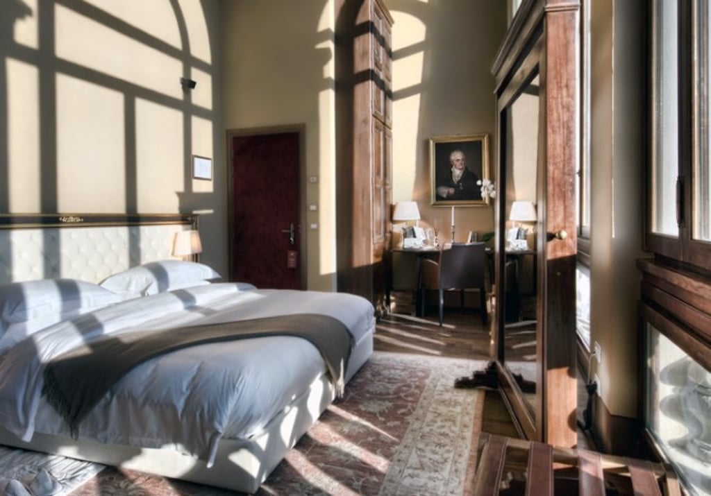 Guest bedroom, large windows Florence view, Tuscan landscape views, Il Salviatino Fiesole, Erica Fossati Design
