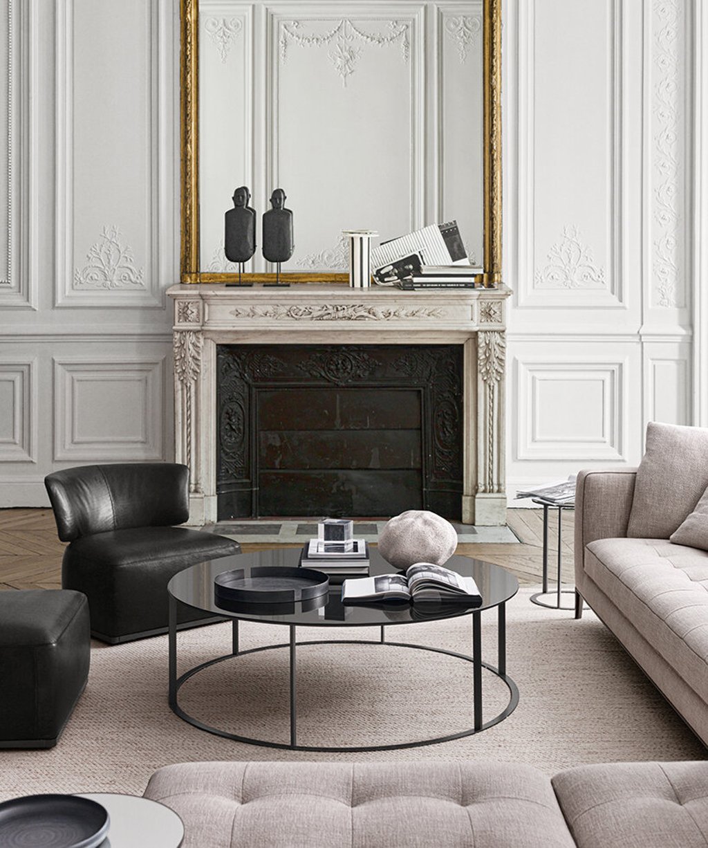 B&B Italia Maxalto by Antonio Citterio in a Haussmann apartment with ornate boiserie and marble fireplace