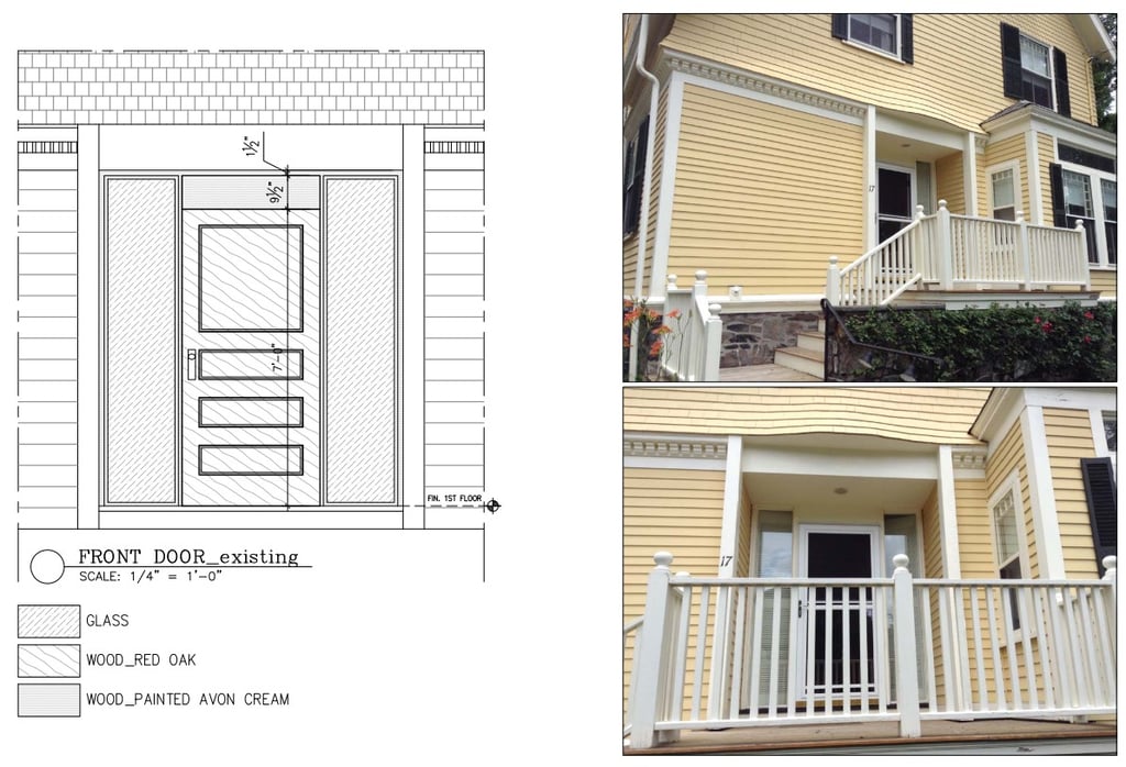 Existing front door elevation drawing and existing porch photos, Cambridge MA historic district commission