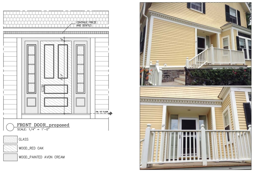 Proposed front door elevation with frieze and dentils, Cambridge MA historic district commission, Erica Fossati Design