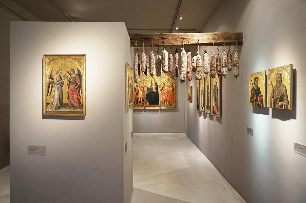 Medieval gold leaf paintings in historic Italian cellar with salami, illustrating the complexity of preservation decisions.