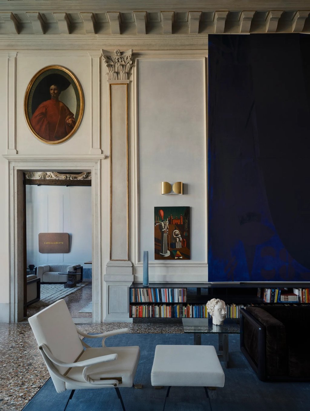 Palazzo Contarini Bombassei Venice, contemporary blue canvas against 17th century stucco, terrazzo floors. Photo Simon Watson