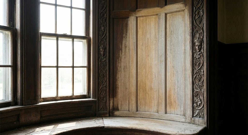 Sun-damaged original wood panels in a historic Tudor Revival interior in Lancaster, Massachusetts, during restoration.