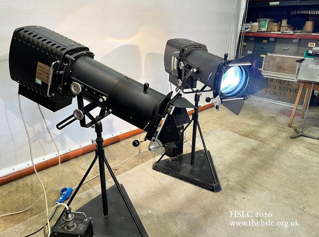 A pair of Rank Strand Patt. 765 CSI 1kW Followspot with 4-leaf Dowser on the front