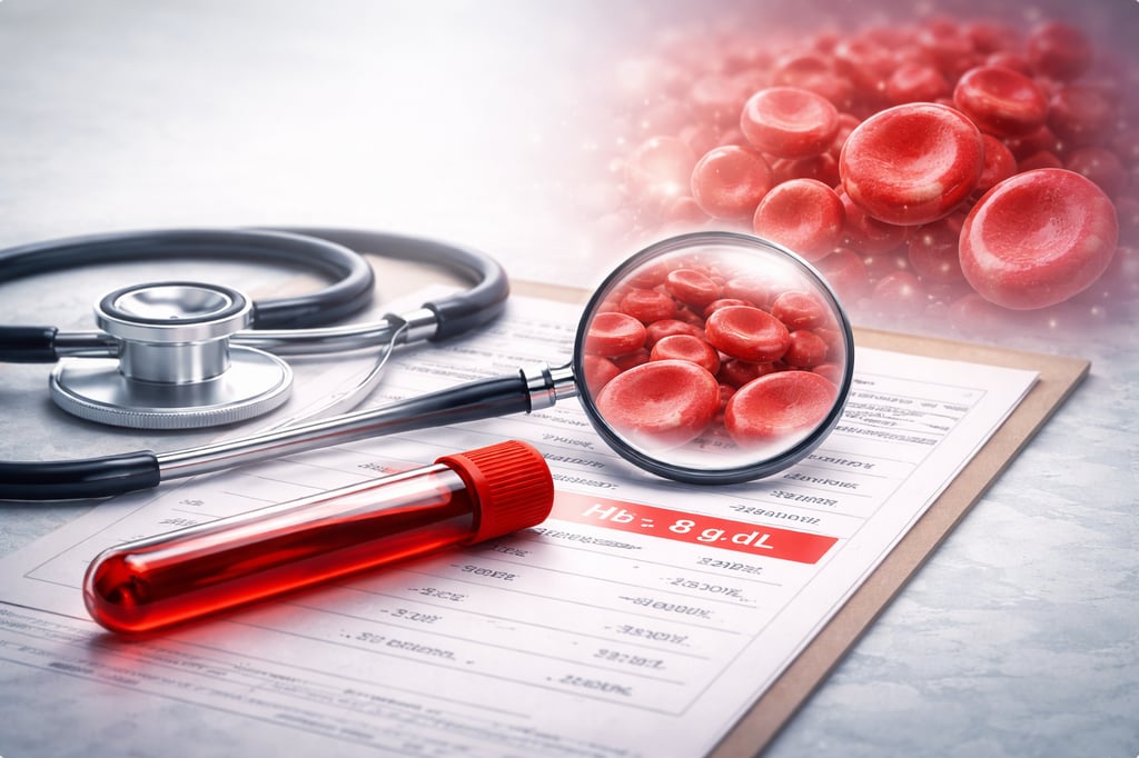 Exame de sangue com hemácias ampliadas e médica hematologista analisando hemograma para diagnóstico de anemia.