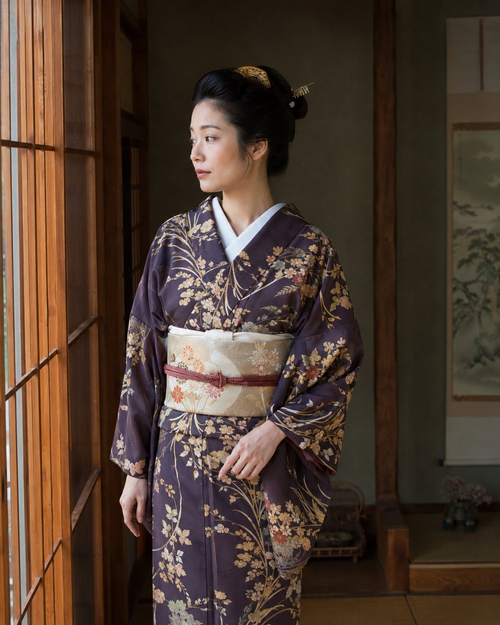 A Japanese woman in a traditional floral silk kimono standing by a wooden shoji window.