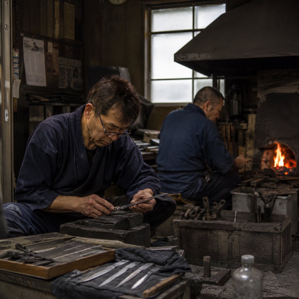 Japanese blacksmiths forging handmade kitchen knives in a traditional workshop with a hot forge.