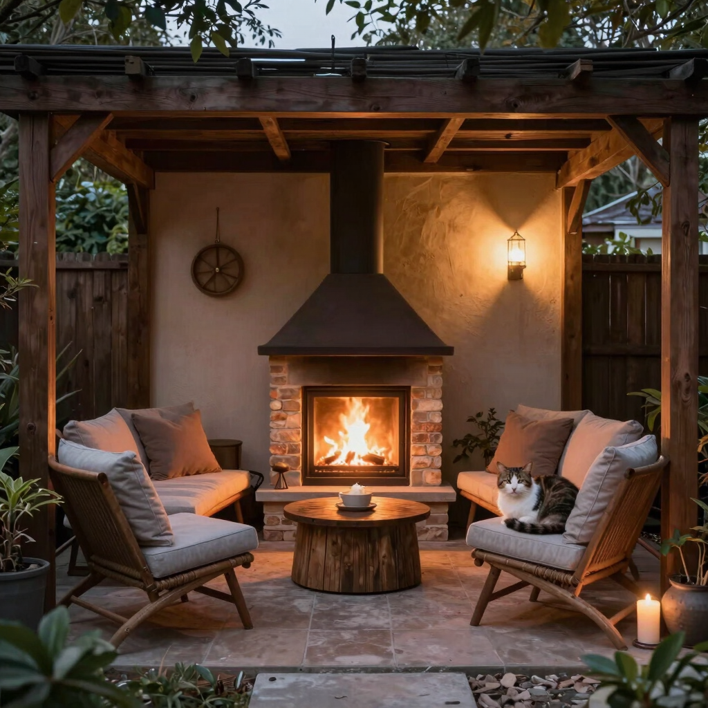 Cozy outdoor patio with a stone fireplace, wood pergola, comfortable lounge chairs, and a cat.