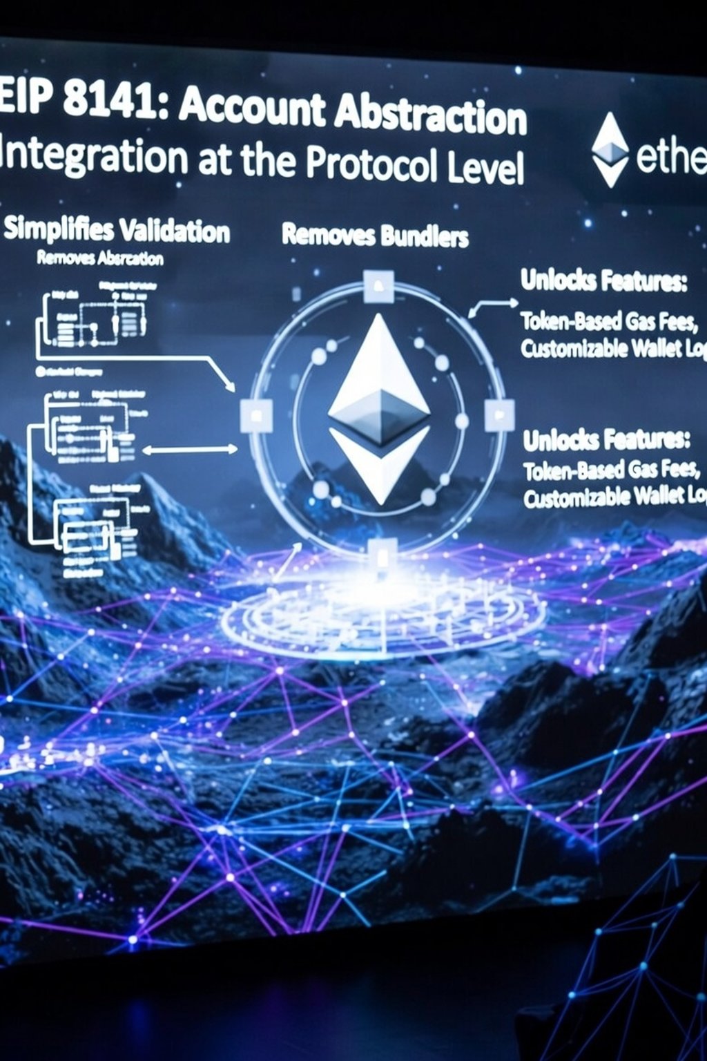 Ethereum EIP 8141 presentation slide showing account abstraction integration and protocol level features.