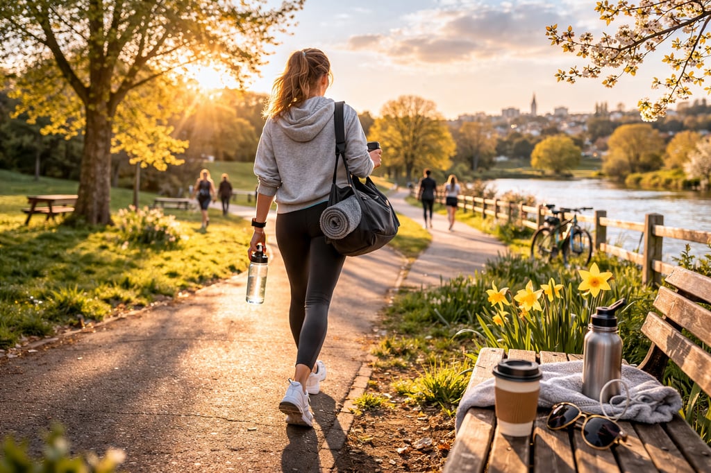 Robb Sheridan client walking along a sunlit park path in spring with gym bag and trainers nearby.