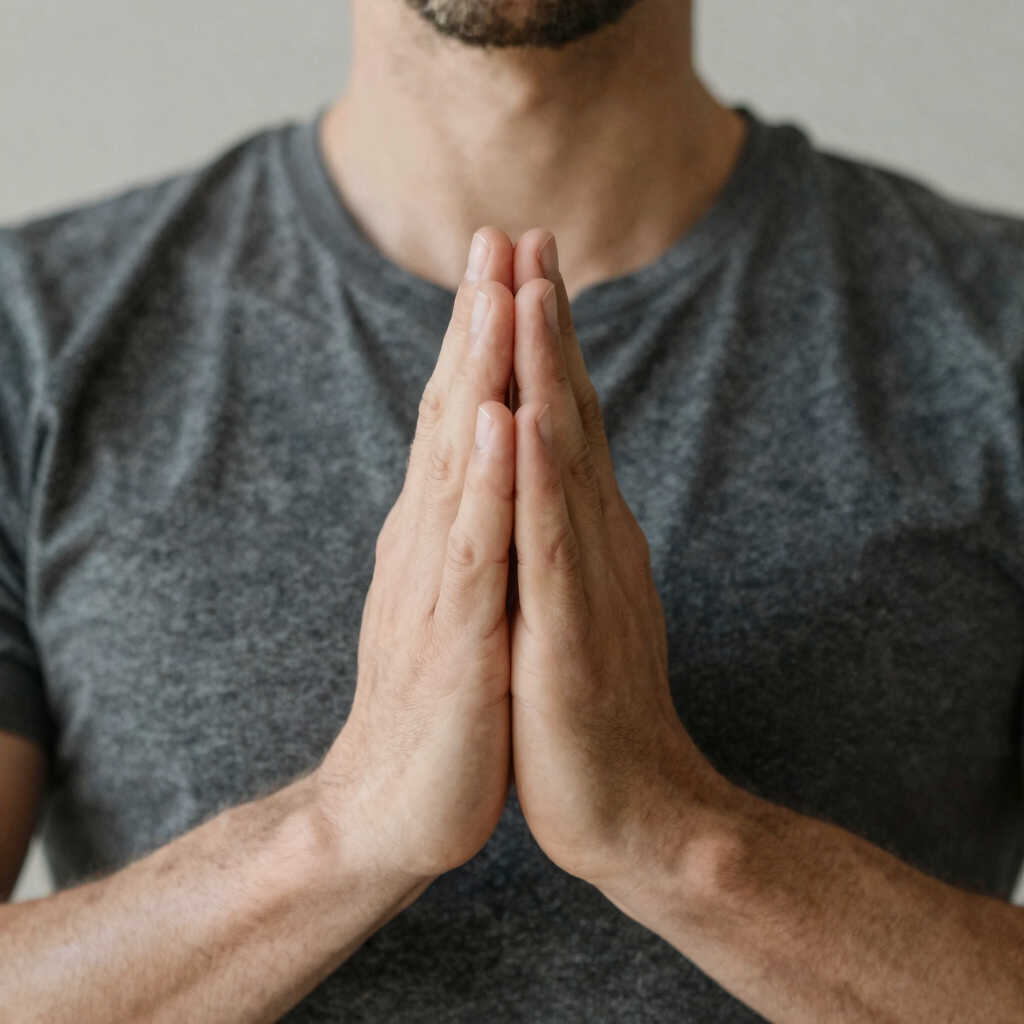 Close-up of a man in a grey t-shirt with his hands pressed together in a prayer or anjali mudra pose, signifying mindfulness