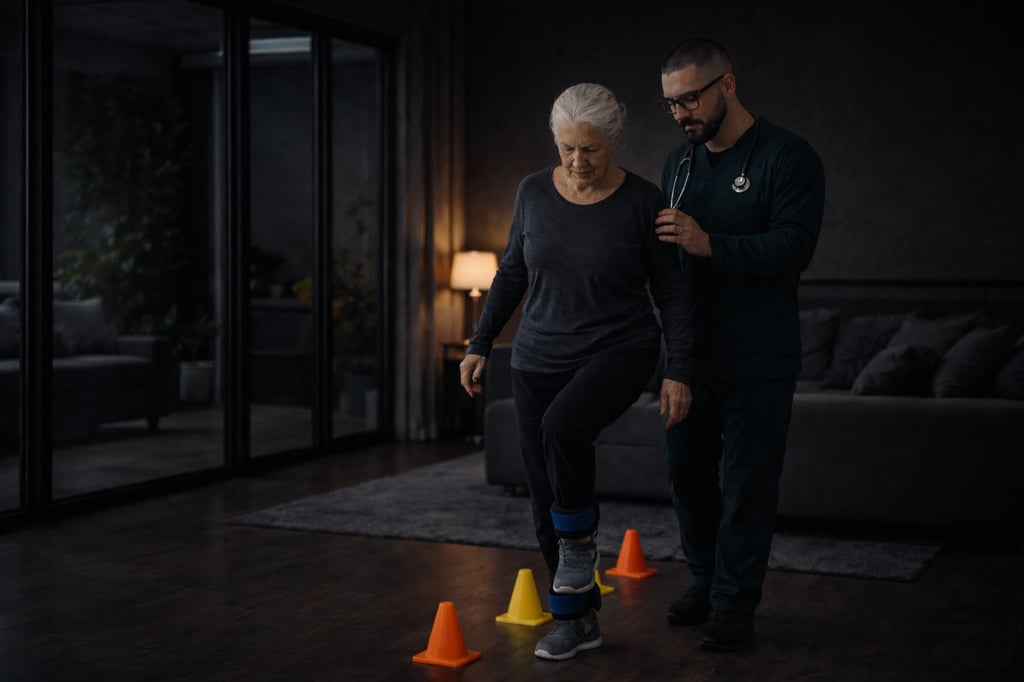 fisioterapeuta realizando exercício de equilibrio em idosa em porto alegre