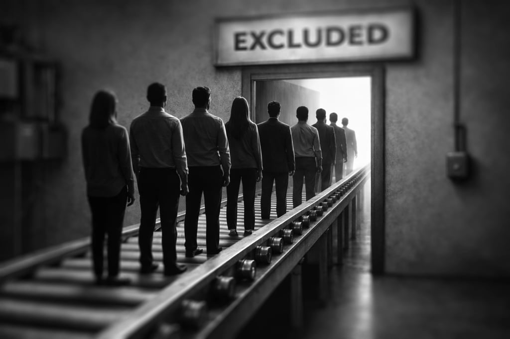 people being taken out the door saying "excluded" through a conveyor belt