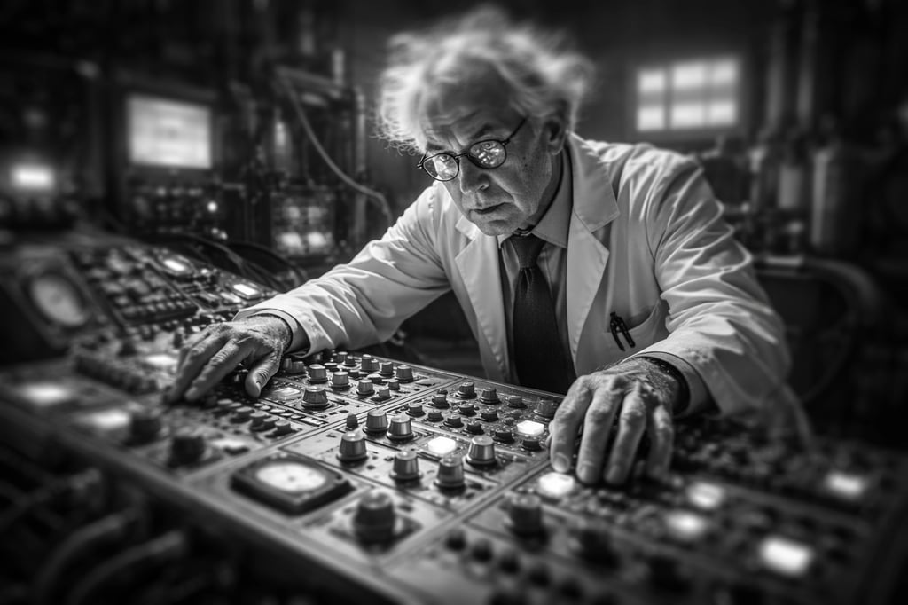 images of a mad scientist turning knobs and pressing buttons on a machine
