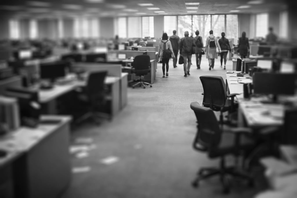 group of employees leaving a messing office setting