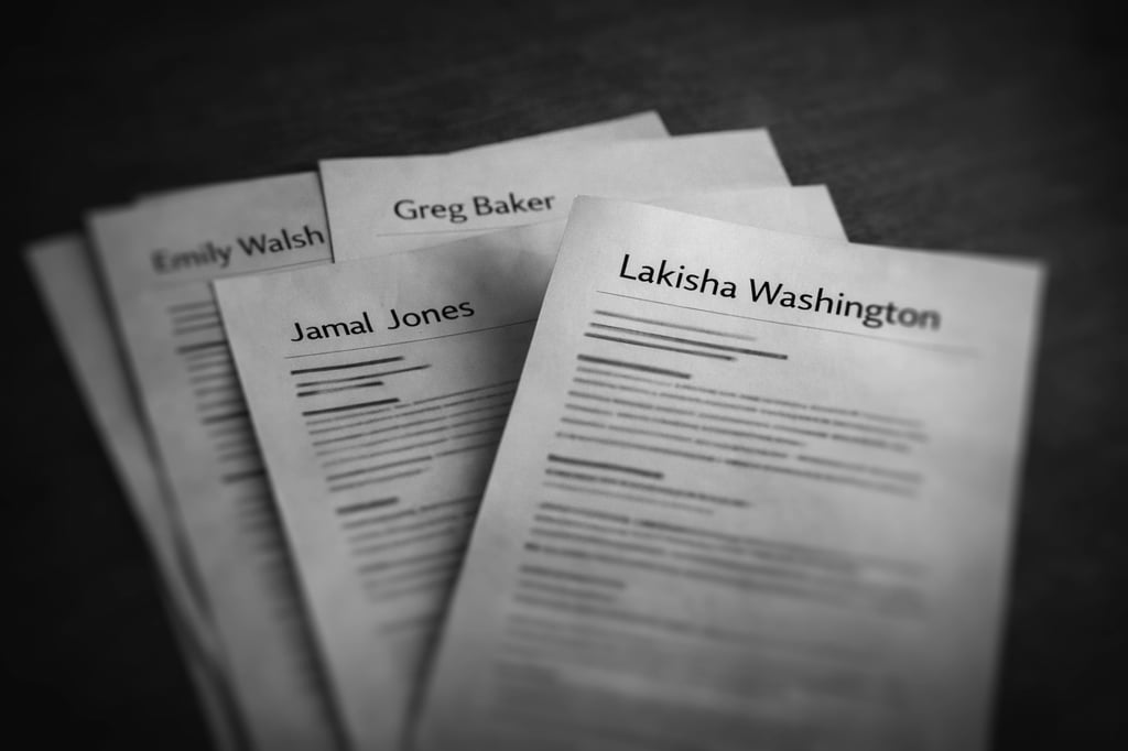 piles of resumes on a desktop with non-white sounding names