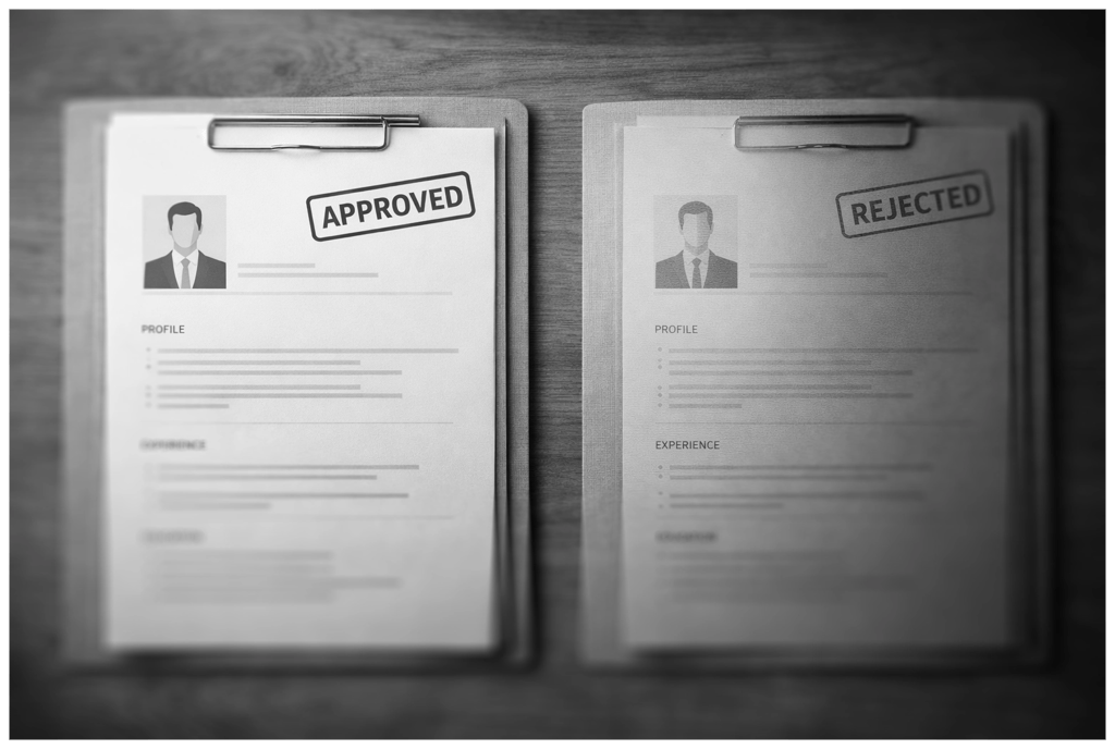 top-down image over a desk focusing on two similar resumes. One is approved, the other rejected