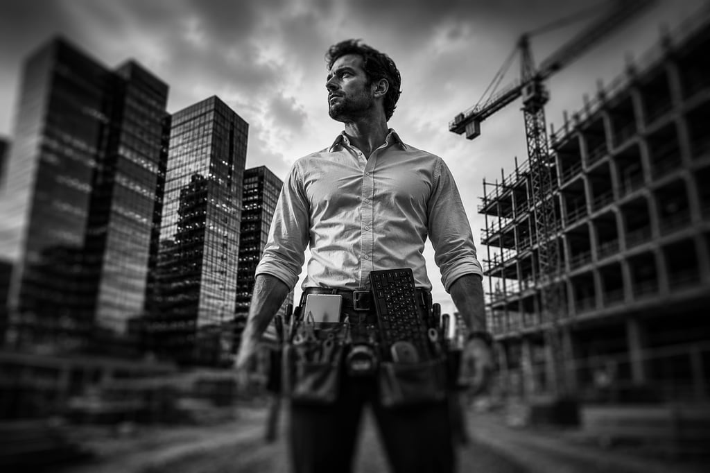 a man wearing a toolbelt composed of a mix of conventional manual tools, and a keyboard, a tablet