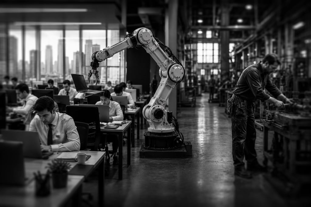 A robotic arm replacing office workers while a tradesperson works untouched nearby