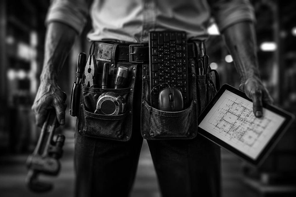 closeup of a worker wearing a toolbelt with normal manual tools alongside a keyboad and mouse