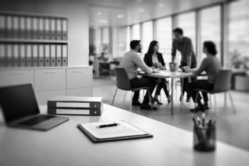 Ofice vew, with a shelves and desks filled with organizers, while peole are interacting on the right