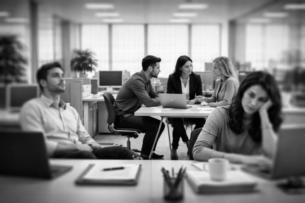 image of an office with a group of employees talking over a table, while others aren't communicating