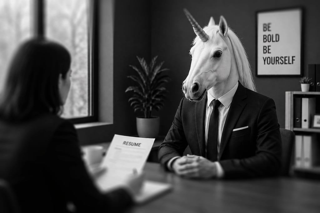 A candidate with a unicorn head seating across a desk while being interviewed for a role