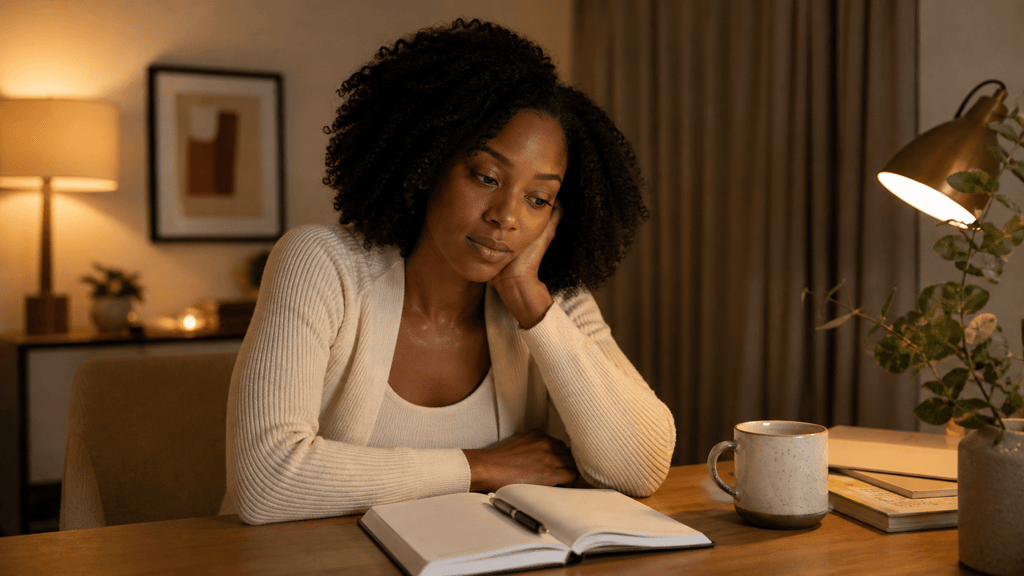 Black woman sitting at a desk in the evening with personal finance and debt reflection 