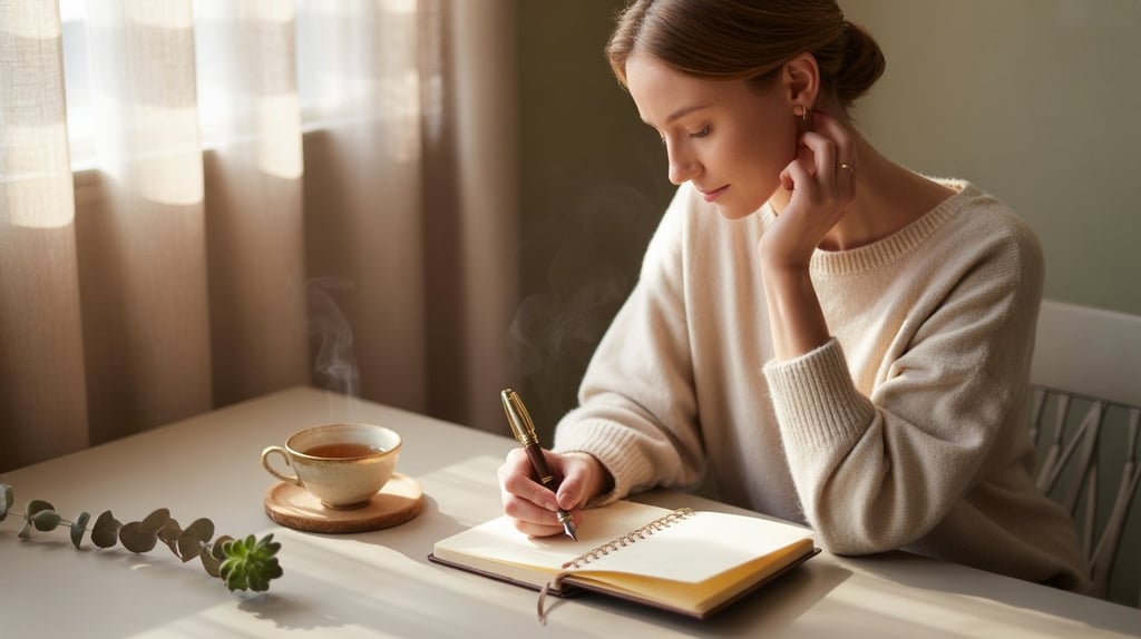 Woman journaling calmly with tea, reflecting on finances and building clarity around money habits