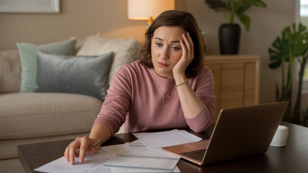 Woman sitting at desk looking mentally drained while reviewing finances, illustrating the mental cos