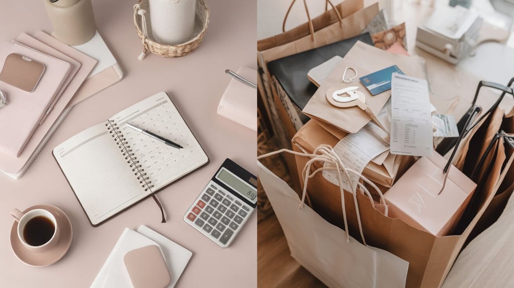 Shopping bags and receipts alongside budgeting tools showing lifestyle inflation and growing expense