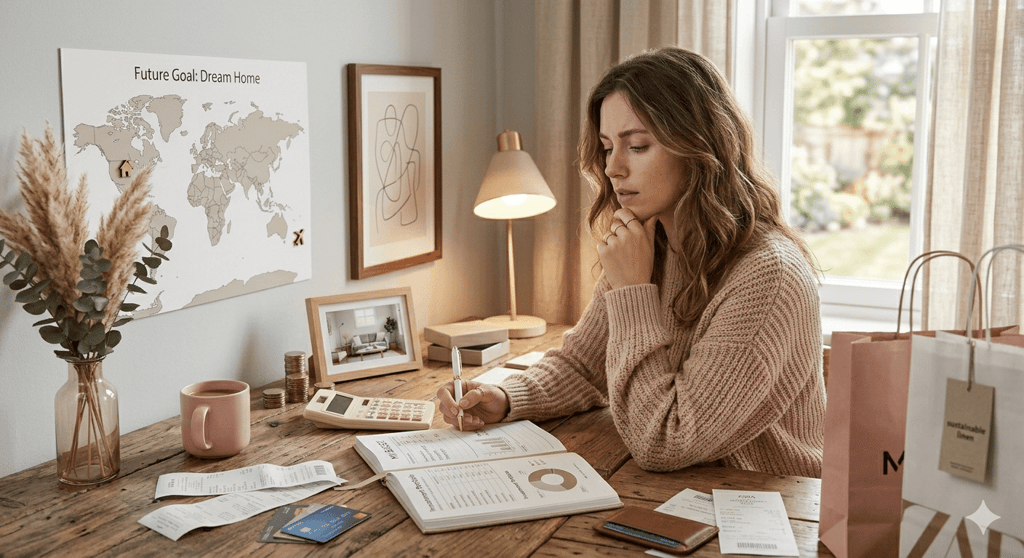 Woman journaling and reflecting on her finances in a calm setting, representing mindful money habits