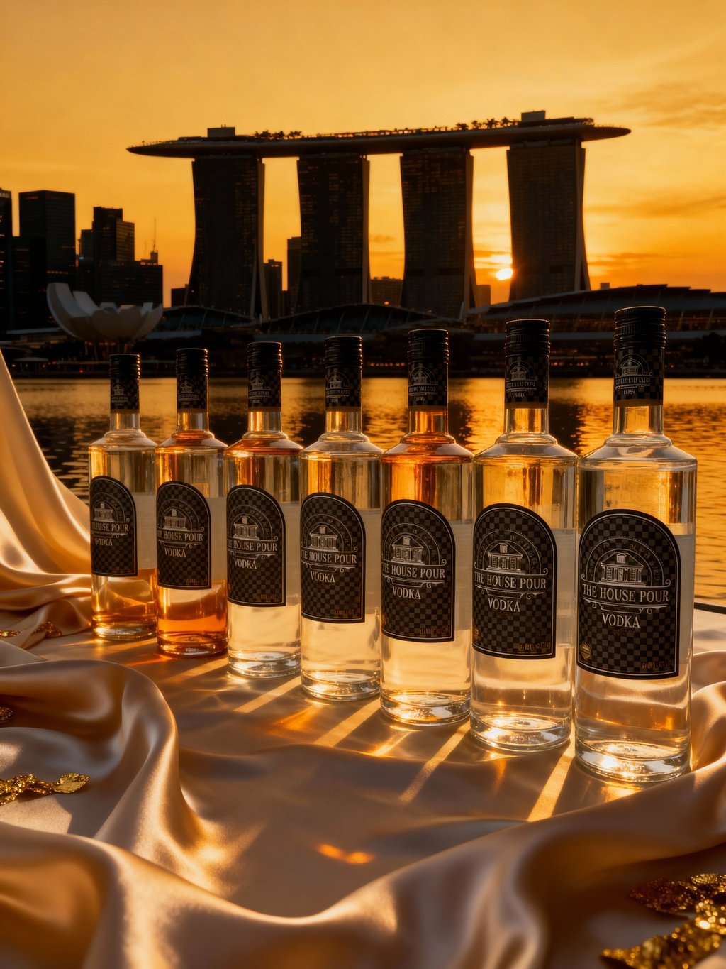 The House Pour vodka bottles lined up in Singapore at sunset with Marina Bay Sands in the background.