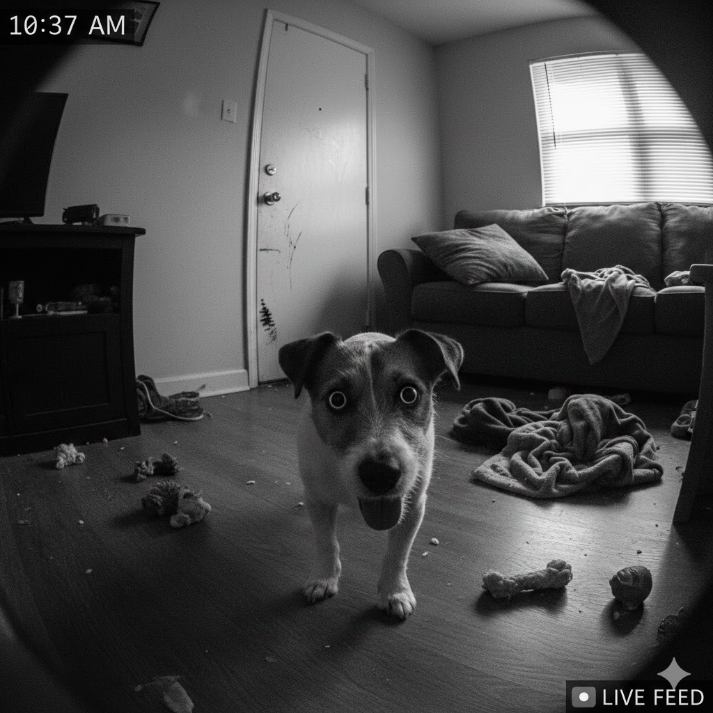 Indoor home security camera view of a Jack Russell Terrier puppy standing in a messy living room.