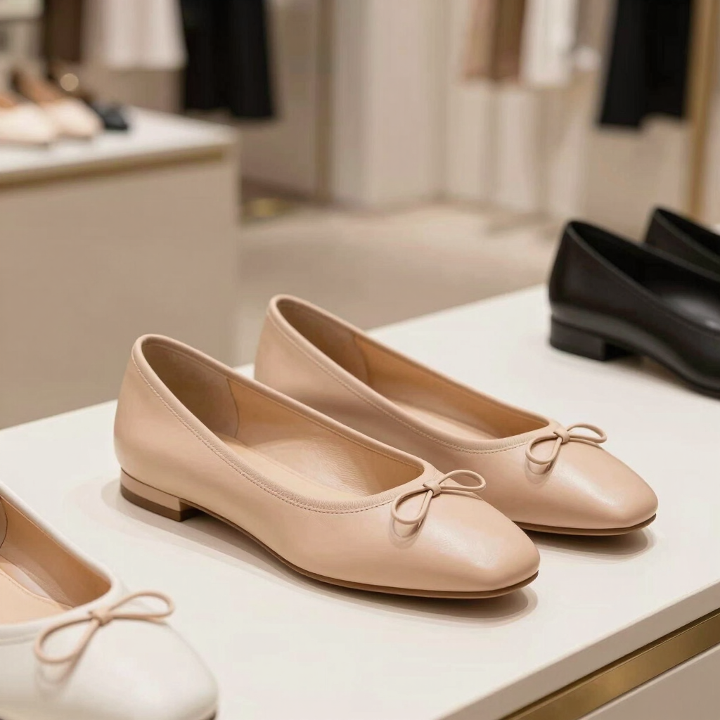 A sleek beige high-heeled shoe with soft shadows on a dark gradient background.