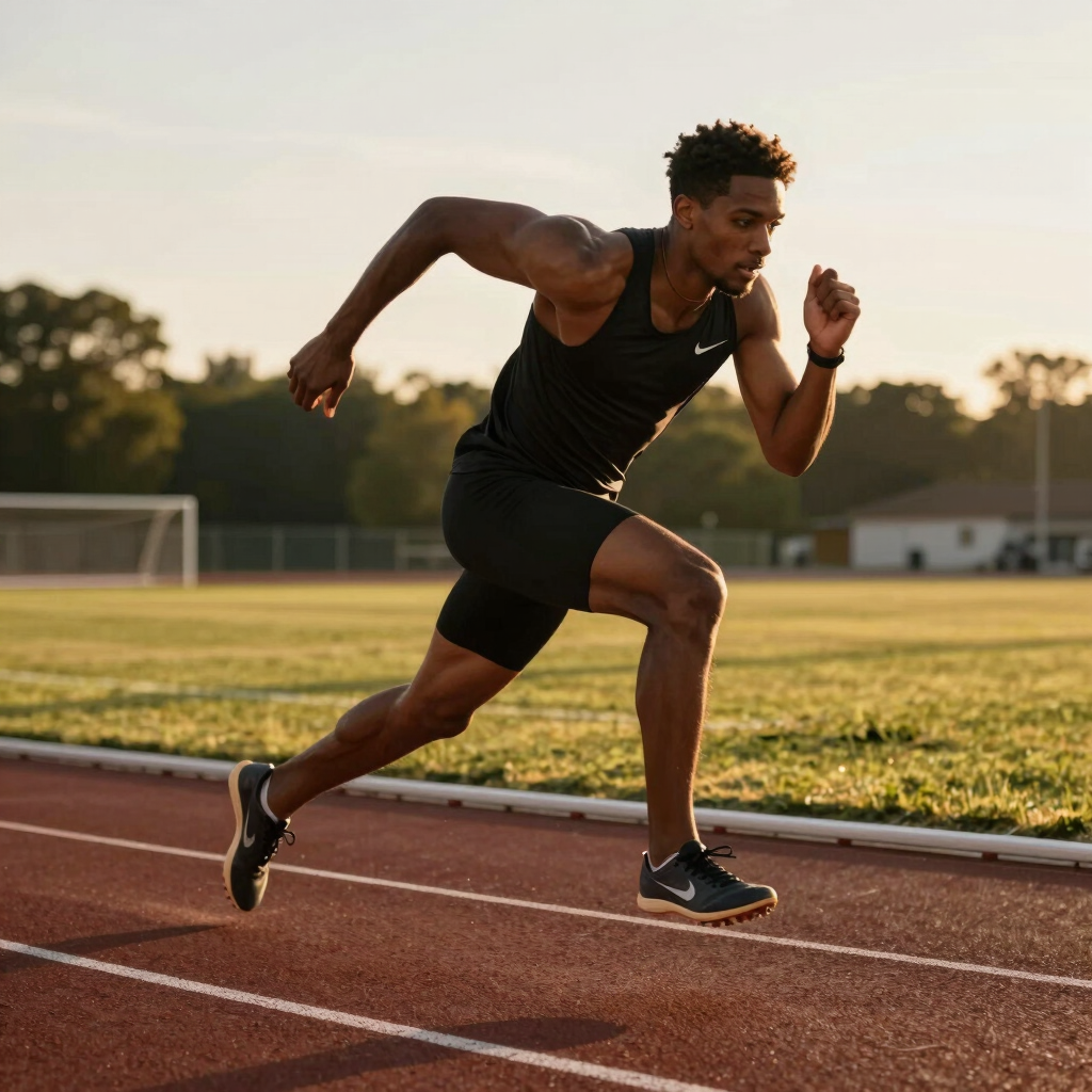 An athlete mid-stride during a dynamic sprint, showcasing determination and power.