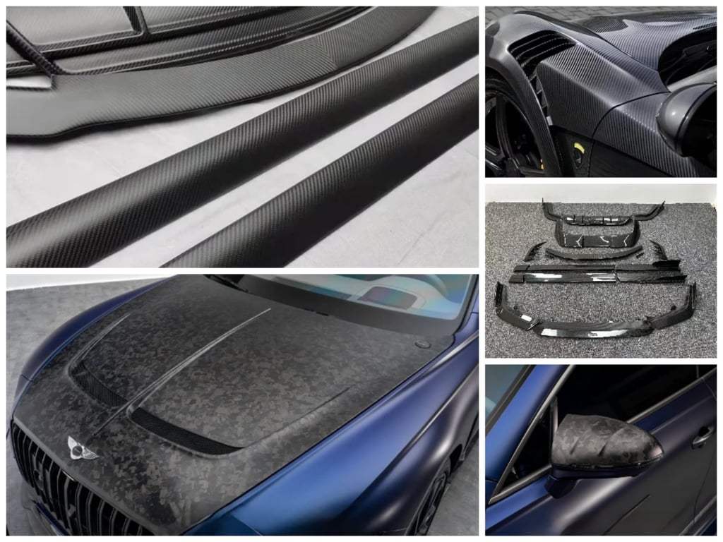 Custom forged carbon fiber car parts including a hood, side mirrors, and aerodynamic body kit components.