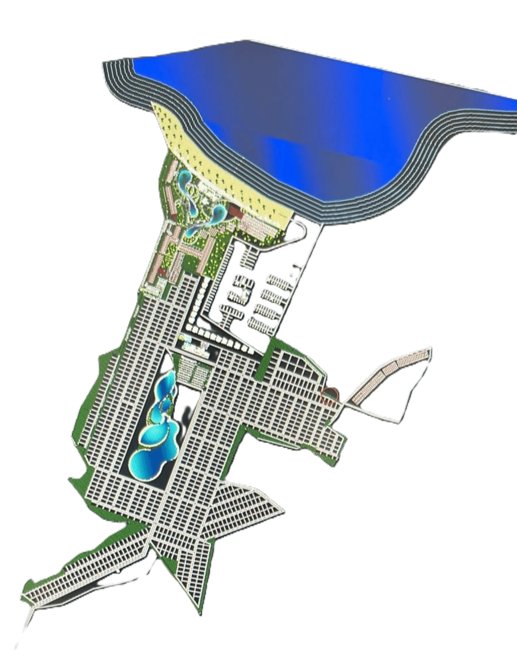 Sketch of hotel, harbor and resort project;Boceto de proyecto hotel, puerto y resort