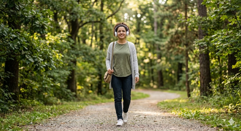 Mulher caminhando em parque arborizado para melhorar a saúde mental